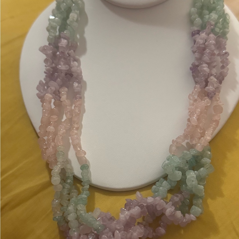 Vintage Multi-Strand Pastel Gemstone-Beaded Necklace - Pink, Lavender & Mint